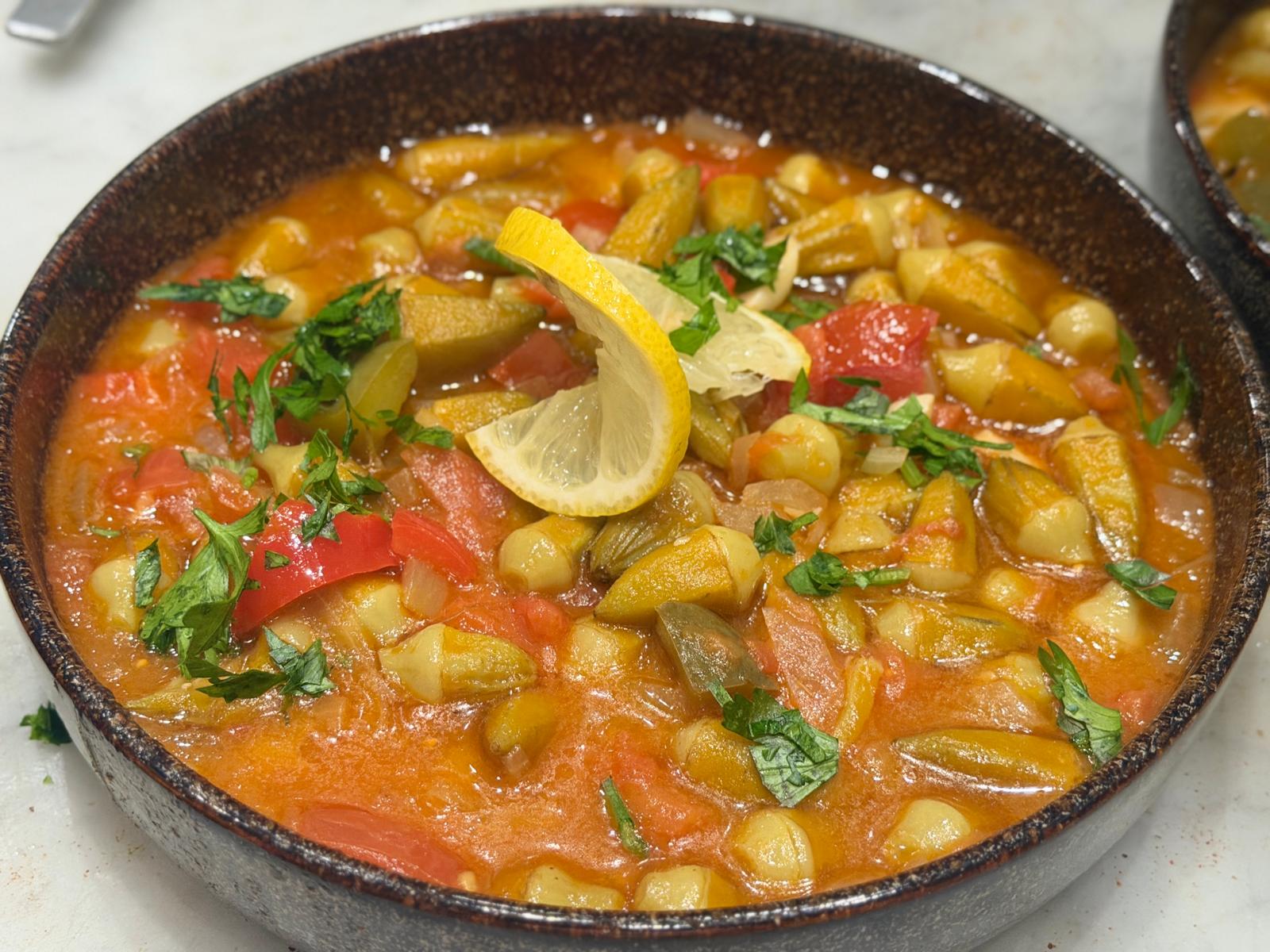 Bamya — okra and chickpea stew with tomato